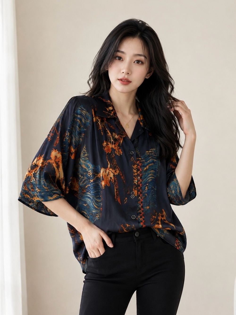 Women’s Navy Orange Asian-Inspired Print Satin Button-Front Blouse